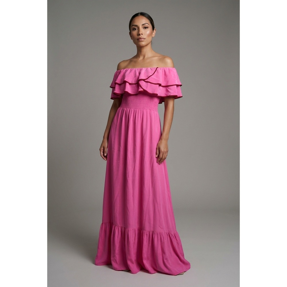Jay Godfrey Womens Pink 100% Silk Off Shoulder Smocked Ruffle Maxi Dress Size 4